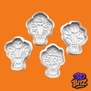May include: Four white plastic flower-shaped cookie cutters with orange outlines. The cutters are in the shape of bouquets of roses, tulips, and other flowers. The logo "3D BITZ" is in the bottom right corner.