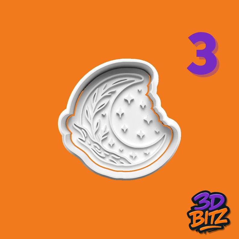 May include: White plastic cookie cutter in the shape of a crescent moon with stars and a branch design. The number 3 in purple is in the upper right corner. The logo for 3D Bitz is in the lower right corner. The background is orange.