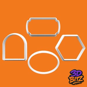 May include: Four white plastic cookie cutters in different shapes: an arch, a rectangle with curved edges, an oval, and a hexagon. The shapes are set against an orange background. The logo "3D BITZ" is in the bottom right corner.