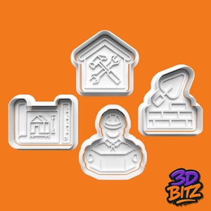 May include: A set of four white plastic cookie cutters featuring construction-themed designs: a house with crossed tools, a blueprint, a construction worker with a hard hat, and a trowel with bricks. The text 3D BITZ is visible in the corner.