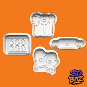 May include: White 3D-printed cookie cutters in various shapes, including a whisk, spatula, spoon, rolling pin, oven mitts, and a muffin tin. Each cutter features a heart design. The cutters are set against an orange background.