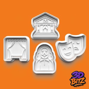 May include: White plastic cookie cutters depicting theatre symbols. The set includes a building, stage curtains, a person, and comedy and tragedy masks. The background is orange, and the logo "3D BITZ" is in the bottom right corner.