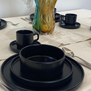 Black Ceramic Dinnerware Set , Tableware set for 1, 2, 4, 6, 8, 10, 12 person, Set of Flat Plates and Salad Bowls