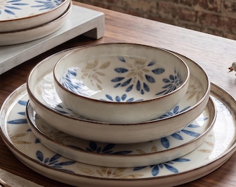 Blue Rustic Porcelain Dinnerware Set: Serving Bowls & Plates