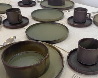 Green Ceramic Dinnerware Set , Tableware set for 1, 2, 4, 6, 8, 10, 12 person, Set of Flat Plates and Salad Bowls