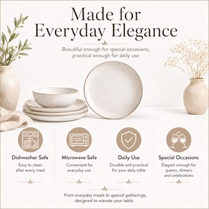 May include: A set of off-white ceramic dinnerware, including plates and a bowl, arranged on a white surface. The image features the text "Made for Everyday Elegance" and icons indicating dishwasher and microwave safety, daily use, and special occasions.