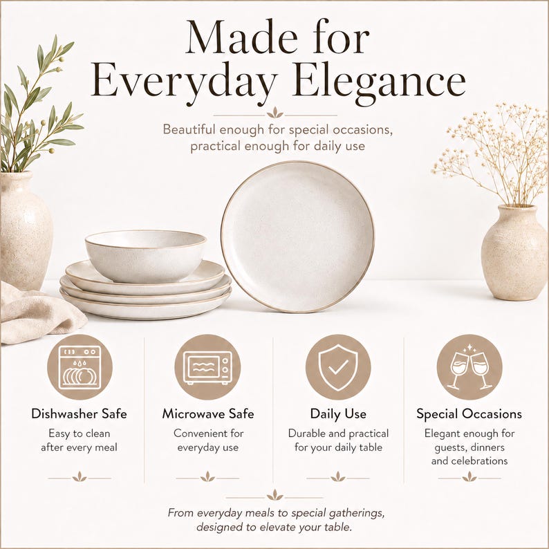May include: A set of off-white ceramic dinnerware, including plates and a bowl, arranged on a white surface. The image features the text "Made for Everyday Elegance" and icons indicating dishwasher and microwave safety, daily use, and special occasions.