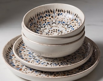 Rustic Green Porcelain Dinnerware Set: Serving Bowls and Plates