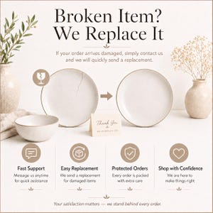 May include: Image promoting customer service. Text reads "Broken Item? We Replace It." Features a cracked plate transforming into a whole one. Additional text highlights fast support, easy replacement, protected orders, and shop with confidence.