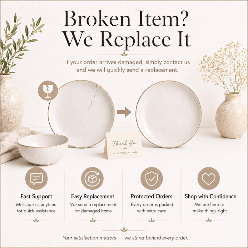 May include: Image promoting customer service. Text reads "Broken Item? We Replace It." Features a cracked plate transforming into a whole one. Additional text highlights fast support, easy replacement, protected orders, and shop with confidence.