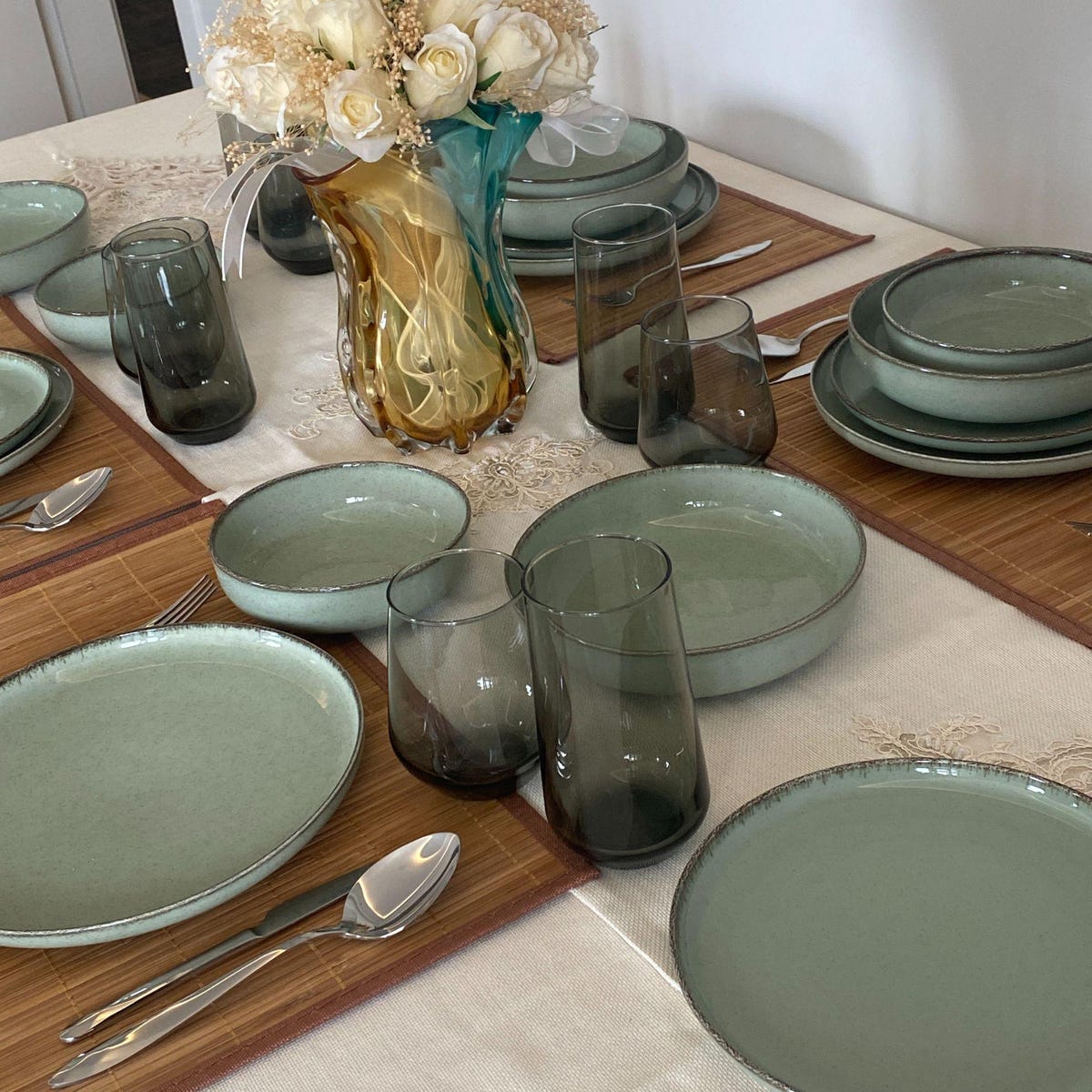 Green Porcelain Dinnerware Set , Tableware Set for 8 - Etsy