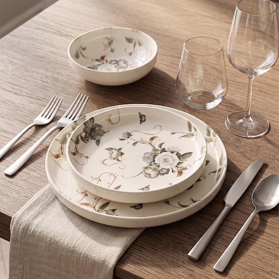 Rustikales florales Geschirr-Set aus Porzellan: Servierschalen & Teller für 1-12 Personen