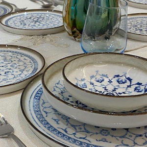 Blue Rustic Porcelain Dinnerware Set for 1, 2, 4, 6, 8, 10, 12 person, Serving Plate, Cake Plate, Salad Bowl, Soup Bowl, Tableware Set