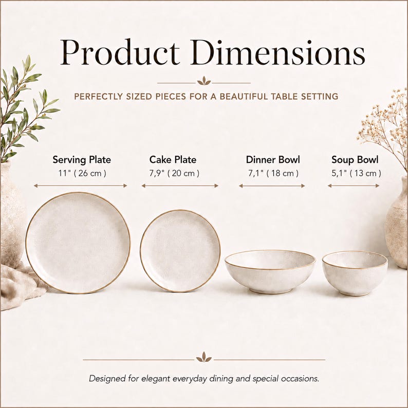 May include: A set of four off-white ceramic dishes with gold rims, including a serving plate (11 inches/26 cm), cake plate (7.9 inches/20 cm), dinner bowl (7.1 inches/18 cm), and soup bowl (5.1 inches/13 cm). The text reads "Product Dimensions".