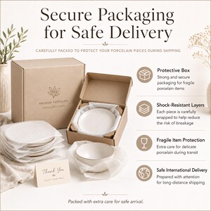 May include: A display of premium porcelain tableware, carefully packaged for safe delivery. The image shows plates and a bowl, protected with shock-resistant layers and a protective box. The packaging includes a thank you card.