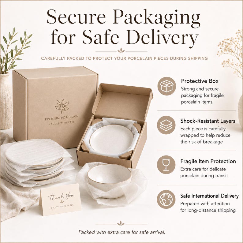 May include: A display of premium porcelain tableware, carefully packaged for safe delivery. The image shows plates and a bowl, protected with shock-resistant layers and a protective box. The packaging includes a thank you card.