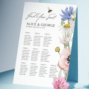 Vind je plaats Bruiloft Tafelschikking | Romantische wilde bloemen BIJ | Afdrukbare sjabloon A2-formaat