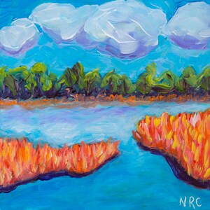 Bright and Bold Painting of a Pond Landscape with Trees, Clouds and Grasses