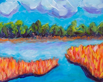 Bright and Bold Painting of a Pond Landscape with Trees, Clouds and Grasses