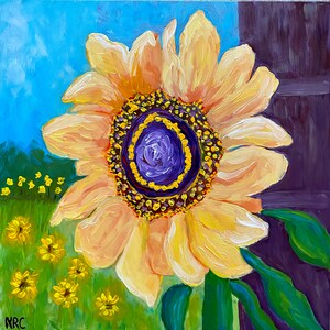 Painting Bright and Cheerful Sunflower in Field with Barn