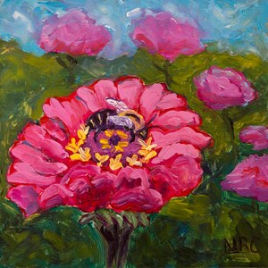 Bright Pink Flower with Bee Acrylic Painting