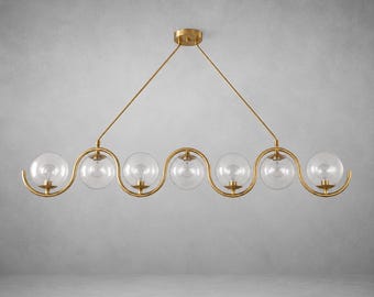 Nowoczesny złoty żyrandol w kształcie fali, 7-punktowa szklana lampa wisząca w kształcie kuli, oświetlenie jadalni w stylu mid-century modern