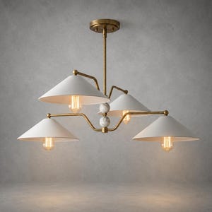 Mid Century Modern Chandelier, Brass Branching Pendant Light, 4 White Cone Shade Ceiling Fixture, Nordic Kitchen Island Hanging Light