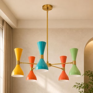 Mid Century Modern Brass Chandelier, Colorful Murano style Glass, Italian Ceiling Fixture