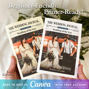 May include: Two wedding journal covers designed like vintage newspapers. Each features a photo of a couple, the text "Sophia & Henry," and the headline "Wedding of the Year." The journals are labelled "Beginner-Friendly" and "Printer-Ready."