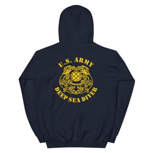 May include: Navy blue hooded sweatshirt with a yellow graphic of a diving helmet and the text "U.S. ARMY DEEP SEA DIVER"