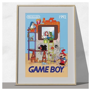 May include: Framed poster with a vibrant illustration of Mario and Luigi repairing a Game Boy. The poster has a light blue backdrop, the Nintendo logo, and the text "GAME BOY". The year "1992" is also displayed on the poster.