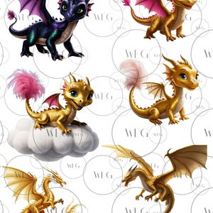 May include: Five cartoon dragons with different colored wings and bodies. The dragons are in various poses, including flying, sitting, and standing. The dragons are all facing forward and have large, expressive eyes.