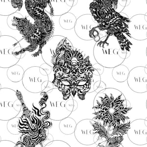 Peut inclure: Illustrations en noir et blanc d'un loup, d'un hibou, d'un masque, d'une dague et d'un motif floral. Les images sont détaillées et stylisées, sur fond blanc avec le texte "WEG" en motif circulaire.