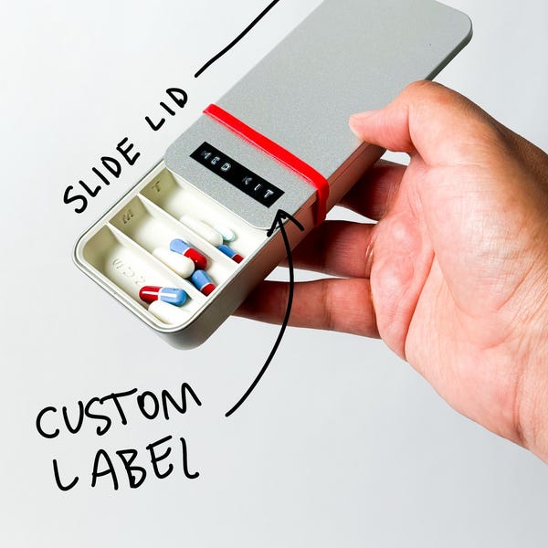 NEW Bigger Compact Weekly Pill Organizer Metal Case Travel Friendly Pocket Medicine Box Sliding Lid Container Modern Design Vitamin Storage