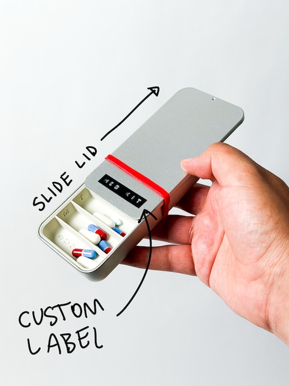 NEW Bigger Compact Weekly Pill Organizer Metal Case Travel Friendly Pocket Medicine Box Sliding Lid Container Modern Design Vitamin Storage