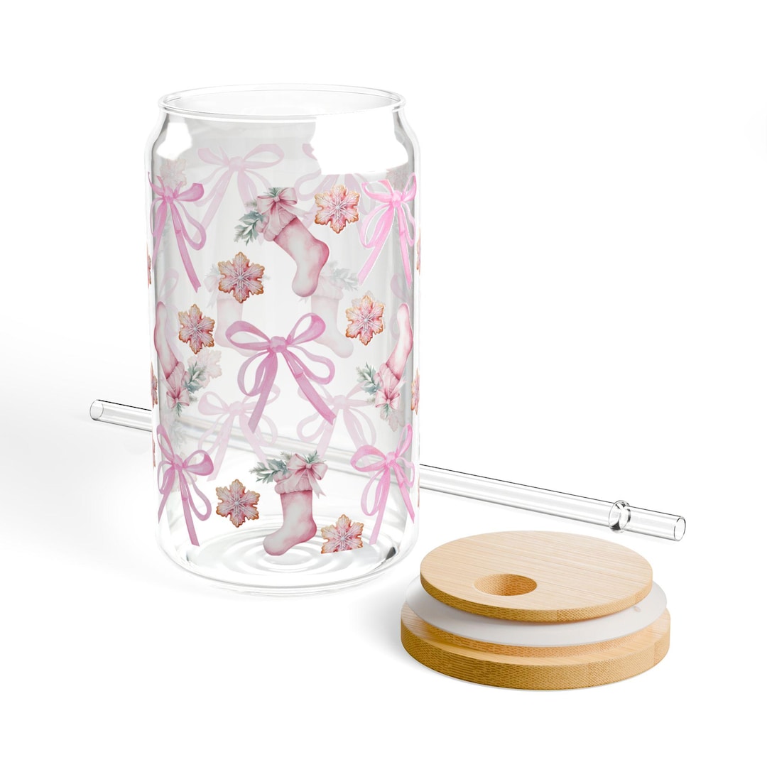 Pink Bows Sipper Glass, 16oz - Cute Feminine Drinkware, Gift for Her ...
