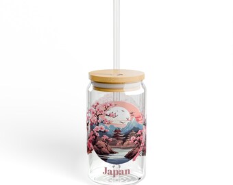 Cherry Blossom Sipper Glass: 16oz Eco-Friendly Drinkware with Bamboo Lid