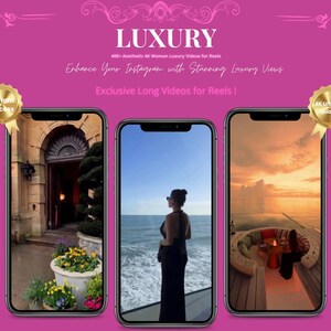 May include: A collection of five phone screens showcasing different luxury travel destinations. The screens show a view of a city skyline, a luxurious hotel entrance, a woman standing on a beach, a sunset over the ocean, and a poolside view.