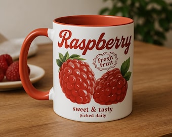 Raspberry Coffee Mug: Red Accent, Retro Kitchen Drinkware