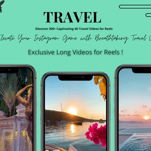 May include: A banner ad for a travel video collection. The banner features three images of scenic destinations: a pool with a sunset view, a tropical beach, and a building with a fountain. The text on the banner reads "TRAVEL Discover 300+ Captivating 4K Travel Videos for Reels Elevate Your Instagram Game with Breathtaking Travel Views! Exclusive Long Videos for Reels! 4K Ultra HD Quality".