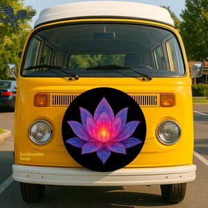 May include: A yellow vintage van with a white roof and bumper. A black spare tire cover features a vibrant lotus flower design in shades of pink, purple, and orange. The text "SunShineSite Design" is visible on the front.