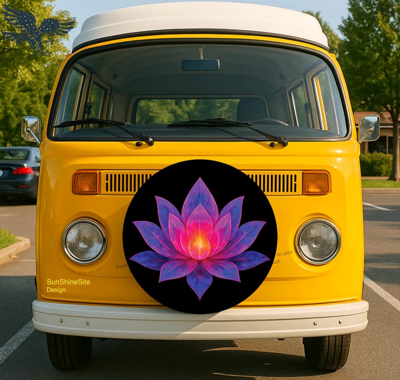 May include: A yellow vintage van with a white roof and bumper. A black spare tire cover features a vibrant lotus flower design in shades of pink, purple, and orange. The text "SunShineSite Design" is visible on the front.