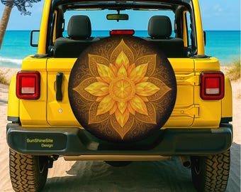 Golden Mandala Crystal Flower Jeep Tire Cover Spiritual Mandala Boho Style for RV Camper Birthday gift Fits with/without Backup Camera hole