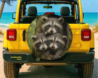 Cute Raccoon Jeep Tire Cover Funny Animals Wildlife Car Accessory SUV Camper, RV Nature Raccoon Lovers Gift with without Backup Camera Hole