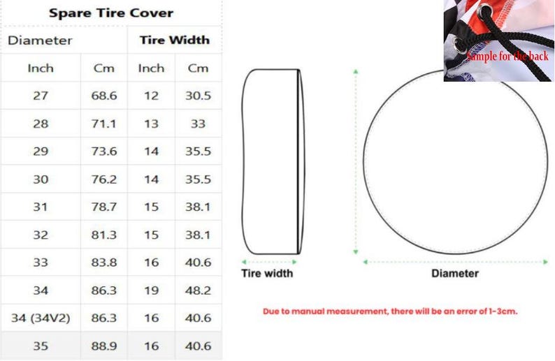 May include: Diagram of a spare tire cover with measurements in inches and centimeters. The chart lists tire diameter and width, with sizes ranging from 27 inches (68.6 cm) to 35 inches (88.9 cm).