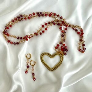 Crochet Necklace with Red Crystals and Heart Pendant with earrings