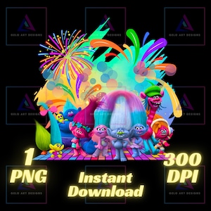 May include: A digital illustration of a group of colorful cartoon trolls with blue, pink, and green hair. The trolls are standing on a black and white checkered dance floor with a background of fireworks and colorful swirls.