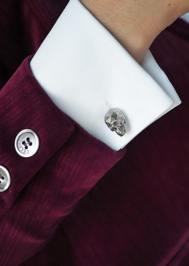 silver accessories 3d printed unisex gifts wedding gift Dapper Style Faceted Skull Rhodium Plated Brass Cufflinks