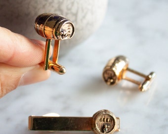 Vintage Beer Cufflinks Tie Clip Set / Antique Swank Beer Barrel Cuff Links, Beer Lover Gift, Groomsman Gifts for Groom, Gift for Dad