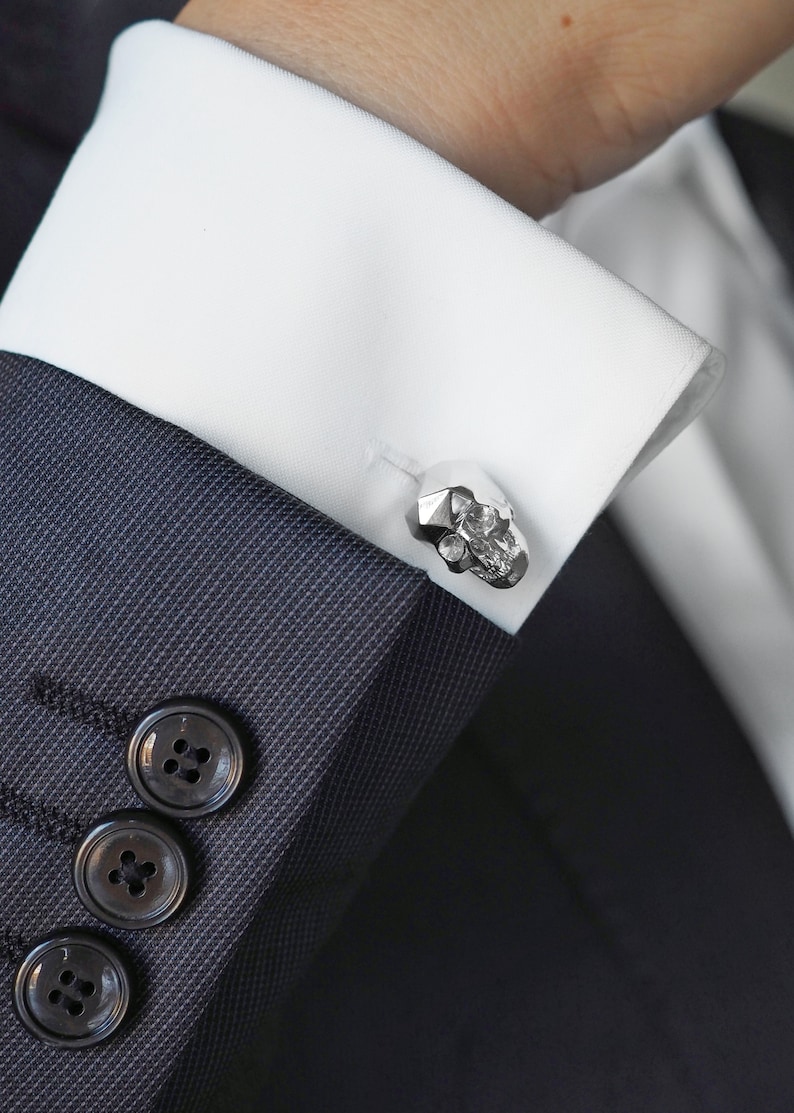 silver accessories 3d printed unisex gifts wedding gift Dapper Style Faceted Skull Rhodium Plated Brass Cufflinks